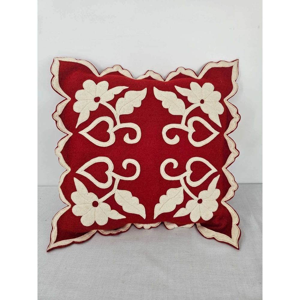 Handcut Reverse Applique Wool Blend Floral Pillow Cover Red Cream Hungary 16x16